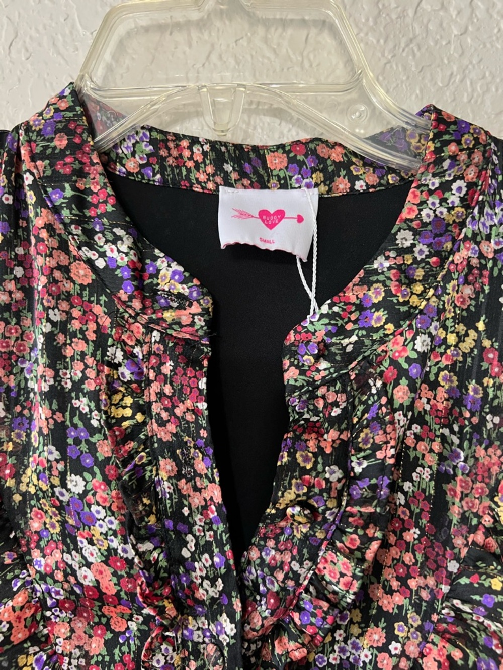 Buddy Love Celia Floral Sm Mini Dress Sheer Long Sleeve Tie Waist Ruffles NWOT - Picture 2 of 6